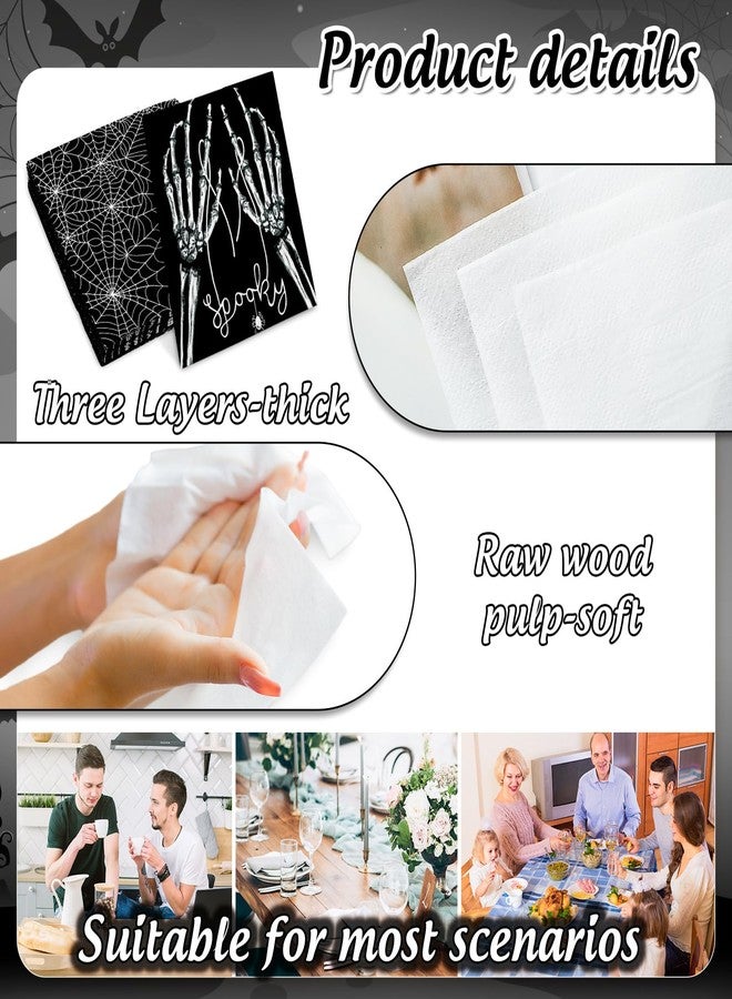 JarThenaAMCS 50 Pcs Halloween Paper Napkins Hand Bone Spider Web Disposable Dinner Luncheon Napkins Cobweb Skeleton Double Printed Spooky Cocktail Napkin for Bathroom Home Party Table Decor,6.5 Inch - Image 3